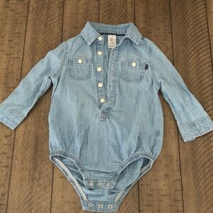 Baby b’gosh light blue denim long sleeve snap bottom cotton romper 18 months